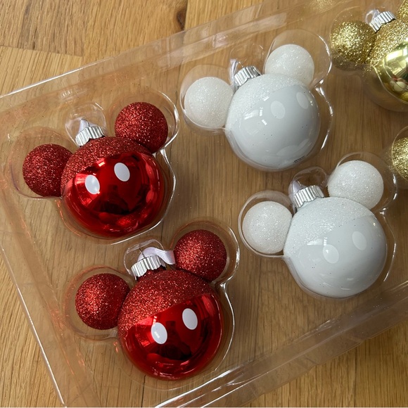 Hallmark 2024 Disney MICKEY MOUSE Set Of 6 Glass Ornaments Ears Red White Gold - Picture 4 of 6